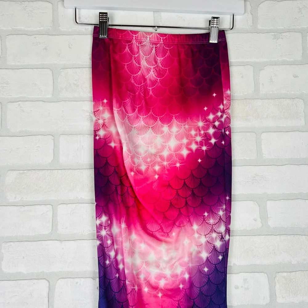 Kids Mermaid Tail Swim Coverup Pink Blue Scale Print Flipper Slit Skirt